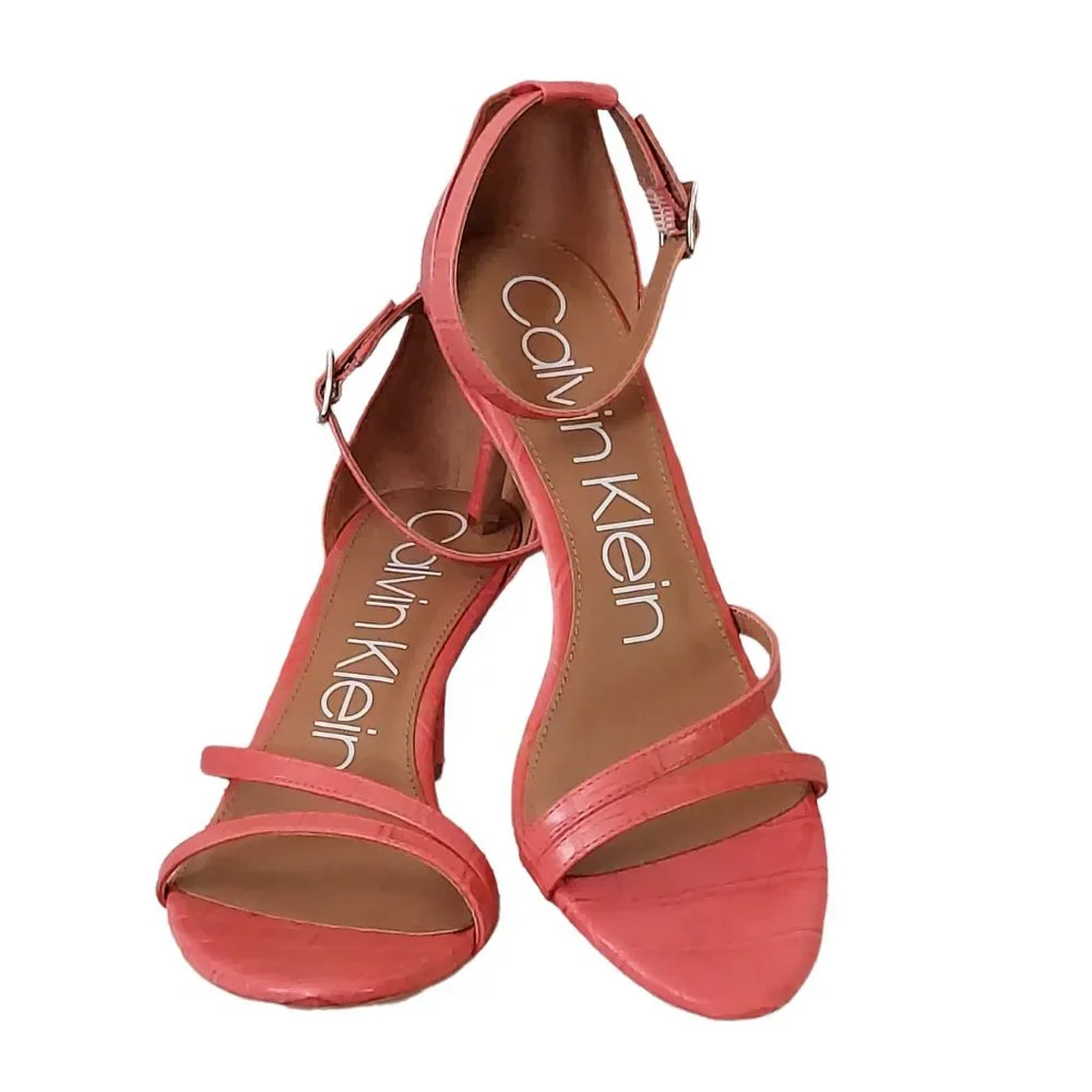 NWOB CALVIN KLEIN LALI CROC EMBOSSED STRAPPY OPEN TOE SANDALS (CORAL / S…